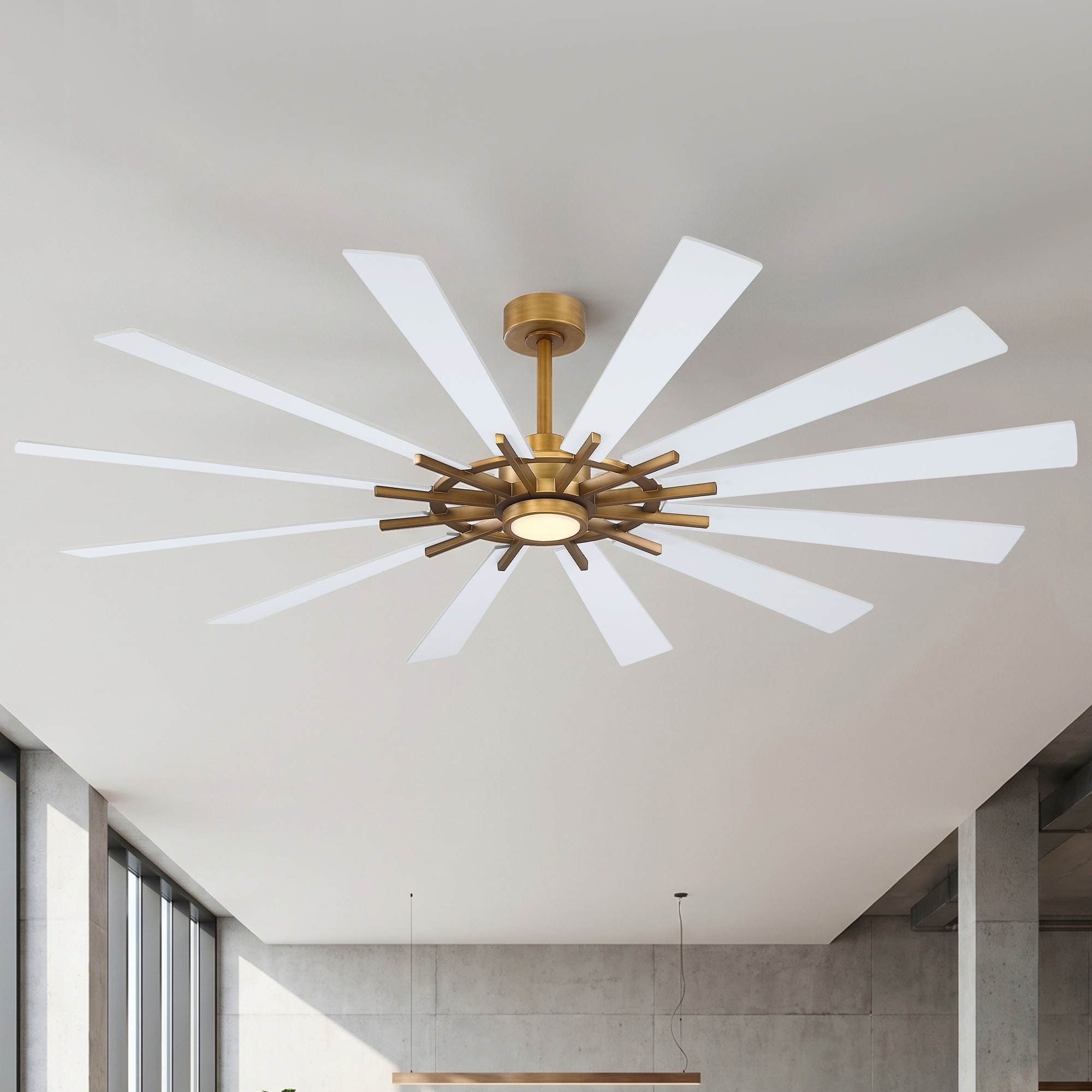 72 Inch Antique Brass Farmhouse 12-Blade Reversible Dimmable LED Windmill Ceiling Fan with Light and Remote