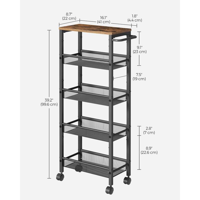 Slim Rolling Cart, 5-Tier Storage Cart, Narrow Cart with Handle, 8.7 Inches Deep, Metal Frame, for Kitchen, Dining Room
