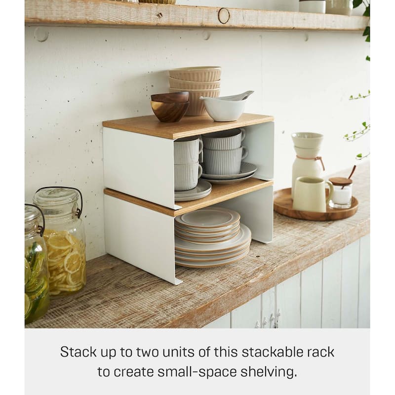 Yamazaki Home Stackable Countertop Shelf - Two Sizes, Steel and Wood, Large, Stack up to two, Holds 11 lbs