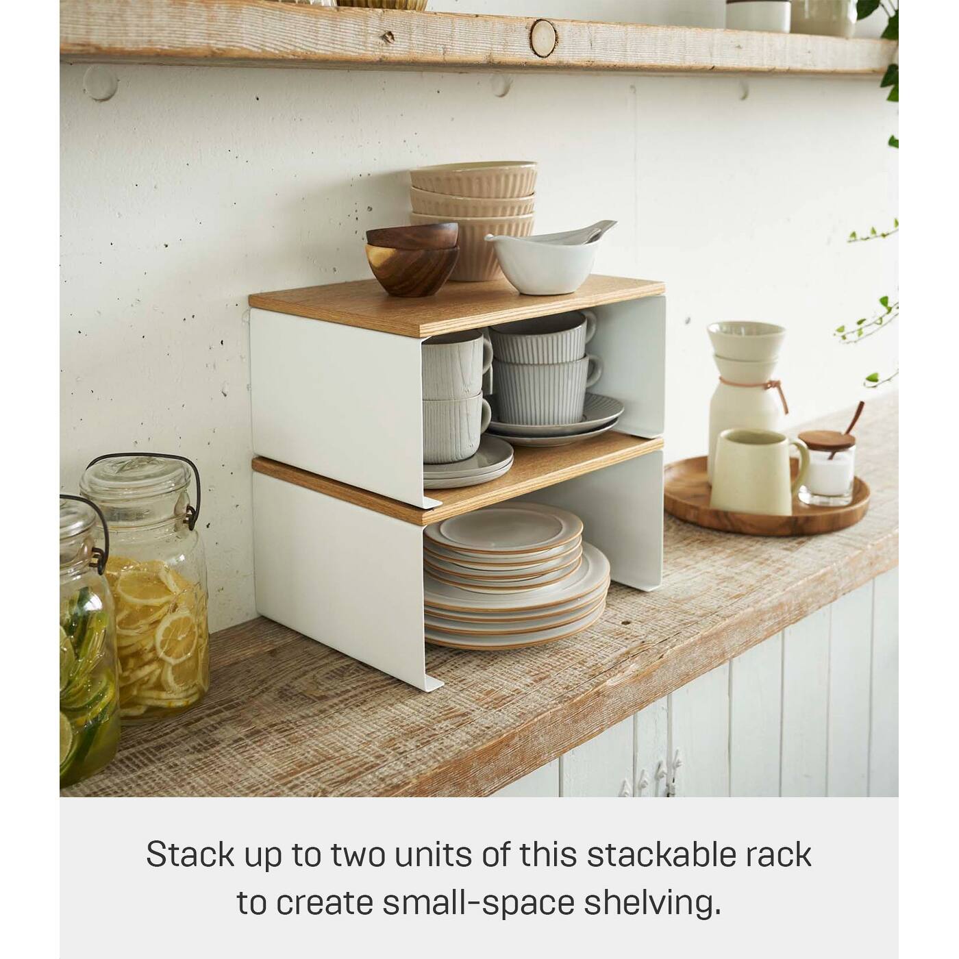 Yamazaki Home Stackable Countertop Shelf Two Sizes, Steel and Wood