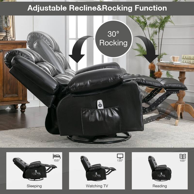 PU Leather Massage Rocker Recliner with 360° Swivel, Heated 8-Point Vibration, USB Charging, Cup Holders, and Storage Pockets
