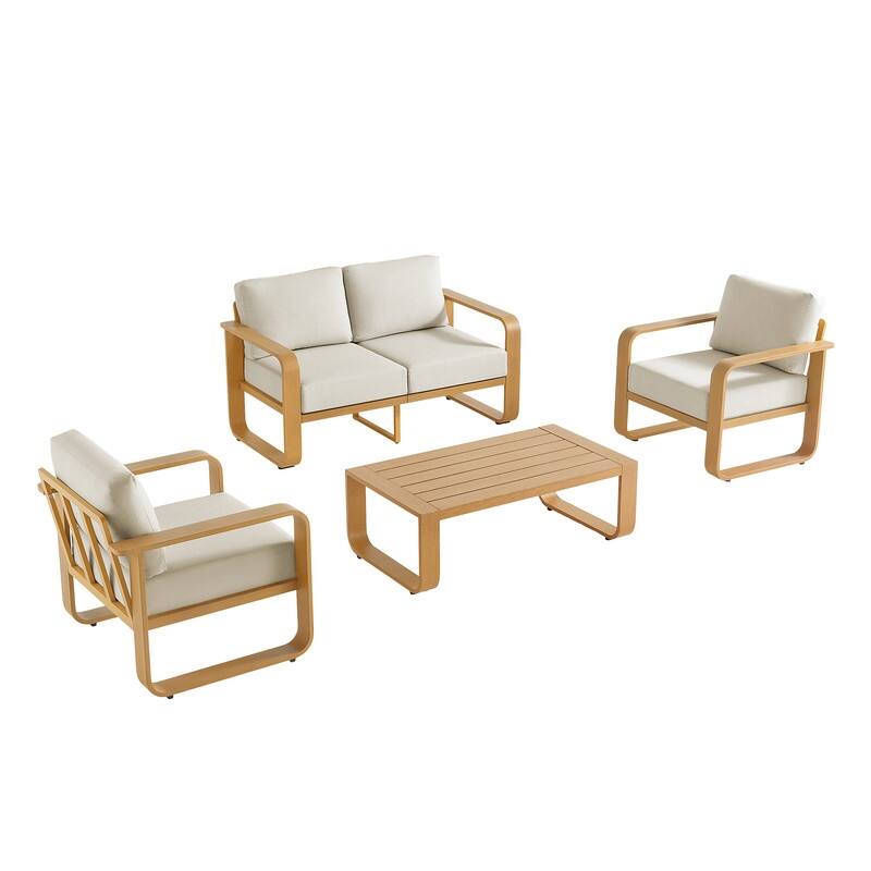 Spruce & Spring Outdoor Patio Furniture Set Aluminum Sofa Accent Chair - 4PC-Loveseat - Beige
