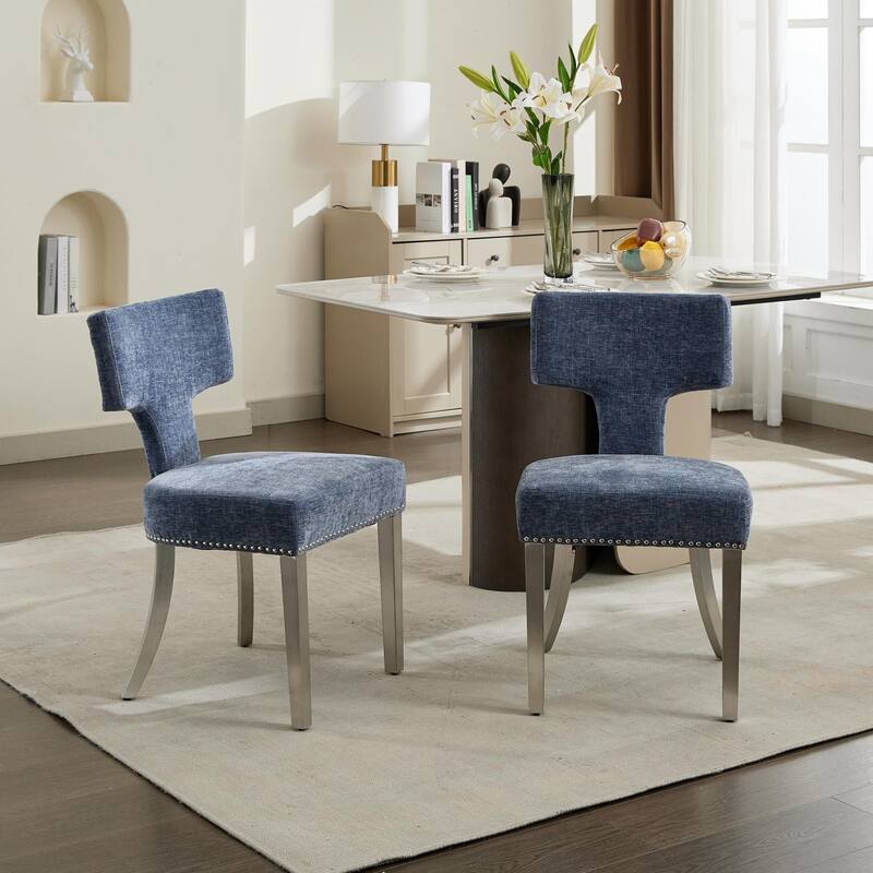 Roomfitters Mid-Century Modern Dining Chairs Set of 2, Chenille Upholstered Curved Back Accent Chairs - Blue