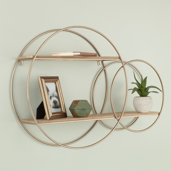 2 Tier Round Wall Shelf Rustic Wood and Gold Decorative Shelf Unit