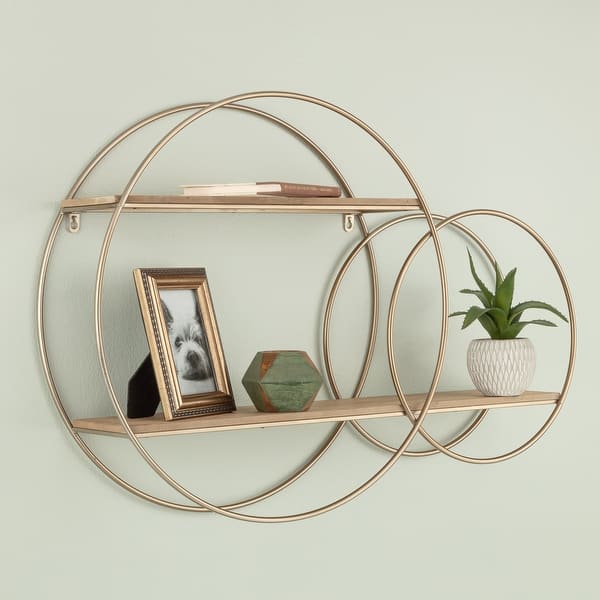2 Tier Round Wall Shelf Rustic Wood And Gold Decorative Shelf Unit Overstock 31814756