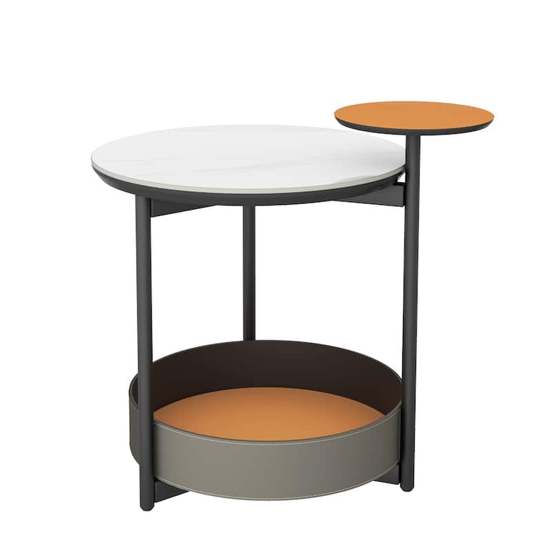 Round End Table White Slate Top, Storage Basket