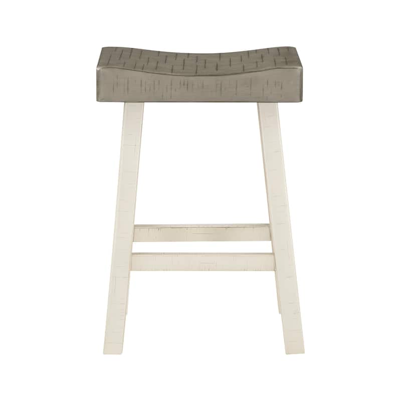 Casy 25 Inch Counter Height Stool, Brown Saddle Seat, White Rubberwood