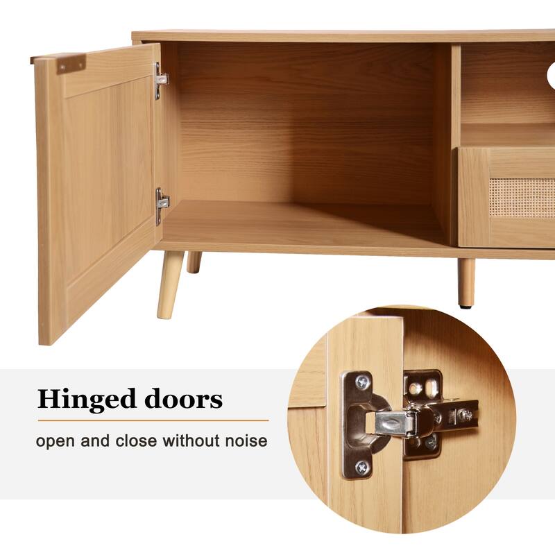 79" Rattan TV Stand for Living Room, Holds TVs Up to 85" - Farmhouse Media Console with Storage Cabinets & Open Shelves