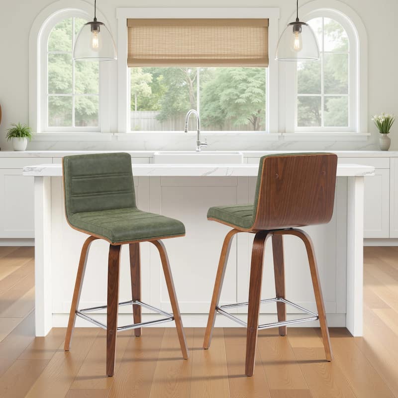 Skara Mid-Century Swivel Counter Stool, Upholstered Counter Height Chair with Bentwood Legs - Vintage Green Faux Leather  & Walnut - Set of 2