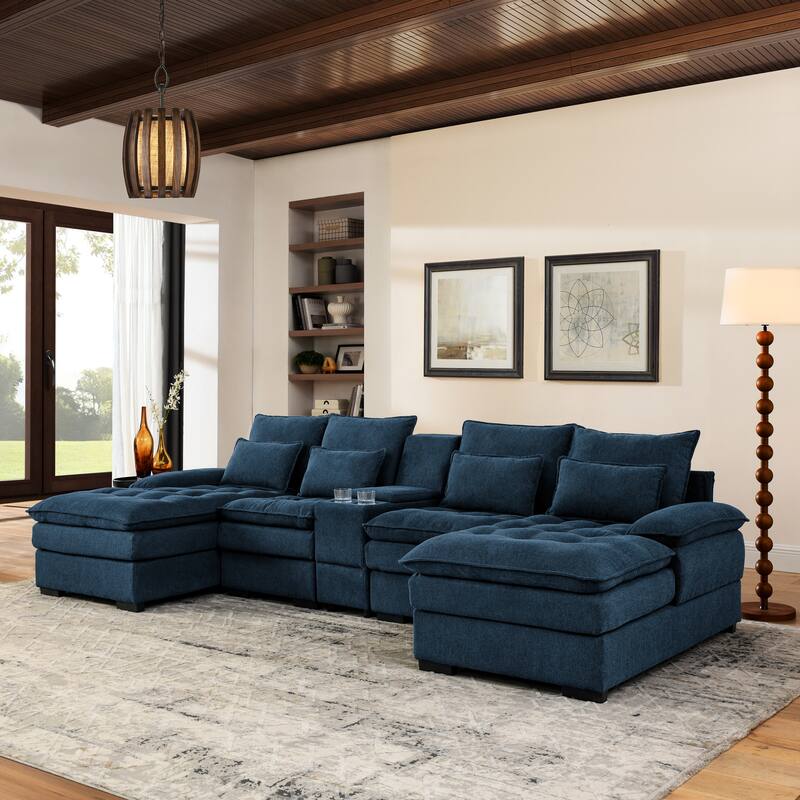 U-shaped Sectional Sofa with Chaise, Built-in Storage Console and Cup Holders, Linen Double-Layer Cushioning Lounge Couch - Blue