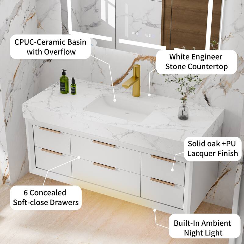48" Wall-Mount Bathroom Vanity with LED Light. - 48 inch