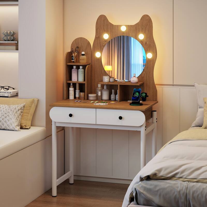 Gymax Small Vanity Desk w/ Mirror & Lights Cute Kitty Makeup Table