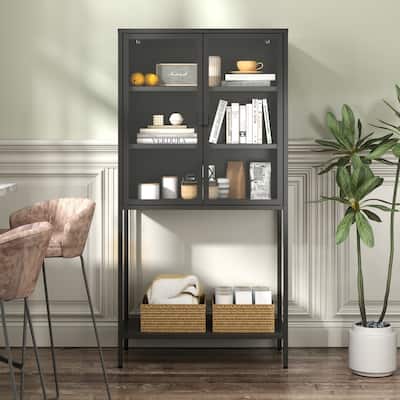 Metal Storage Cabinet with Glass Doors and Shelves