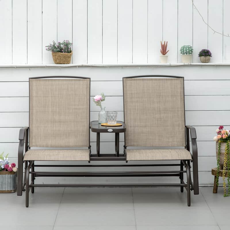 Outdoor Glider Bench with Center Table, Breathable Mesh Fabric