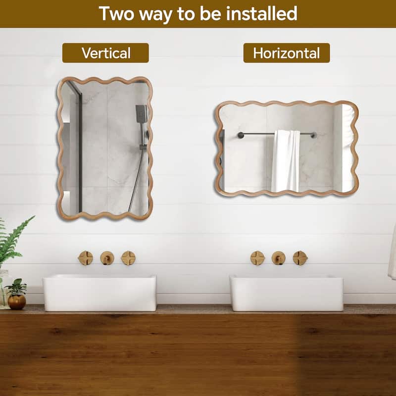 GDFStudio - Liorra Modern Artistic Wavy Rectangular Solid Wood Decorative Wall Mirror with Organic Flow Design