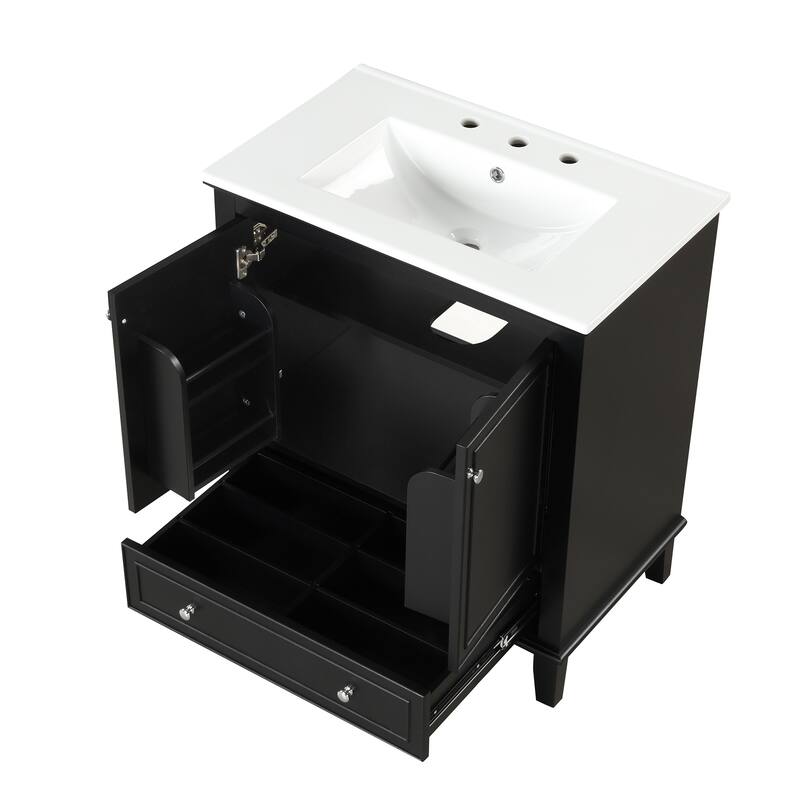 30" Bathroom Vanity with Ceramic Sink, Solid Wood & MDF Base, Adjustable Shelf, Storage Cabinet with Doors