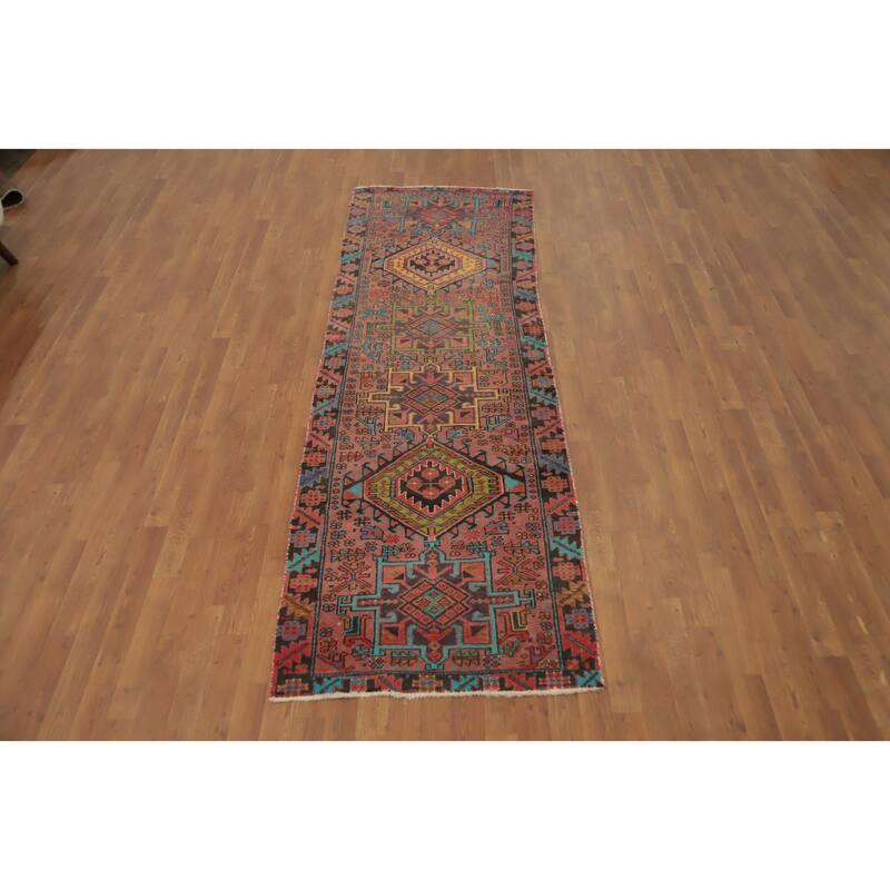 Hand Knotted Oriental 100% Wool Carpet Traditional Geometric Pink Heriz Runner Rug - 9' 5'' X 3' 0''