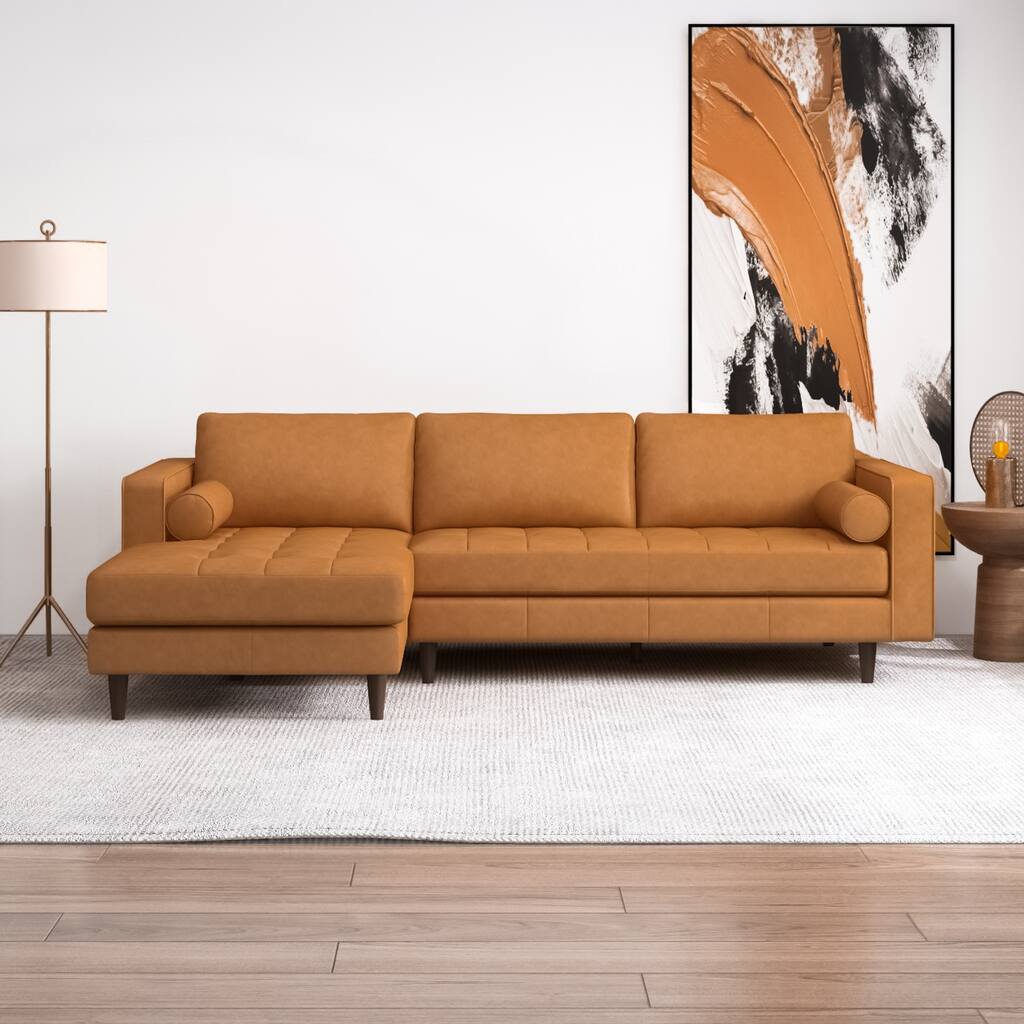 Diva Modern Mid Century Tufted Furniture Style Leather Couch in Tan