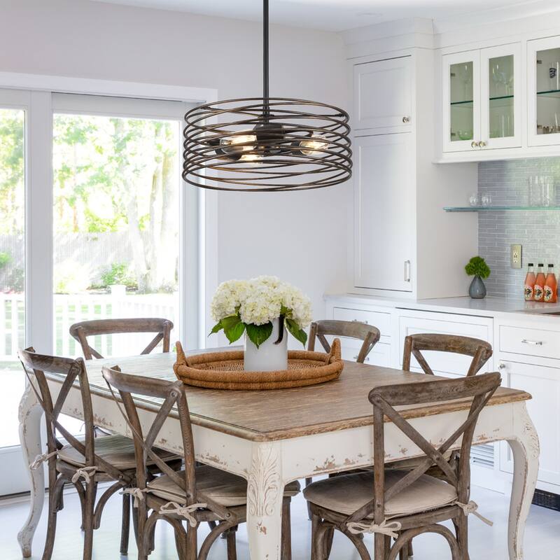 3-Light 14.96" Classic Caged Drum Metal Chandelier, Classic Semi Flush Mount Chandelier for Dining Room - W14.96"x H5.9"