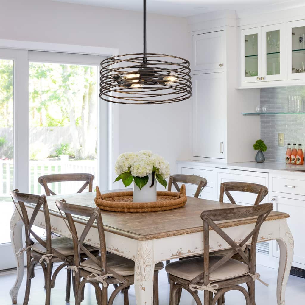 3-Light 14.96" Classic Caged Drum Metal Chandelier, Classic Semi Flush Mount Chandelier for Dining Room - W14.96"x H5.9"