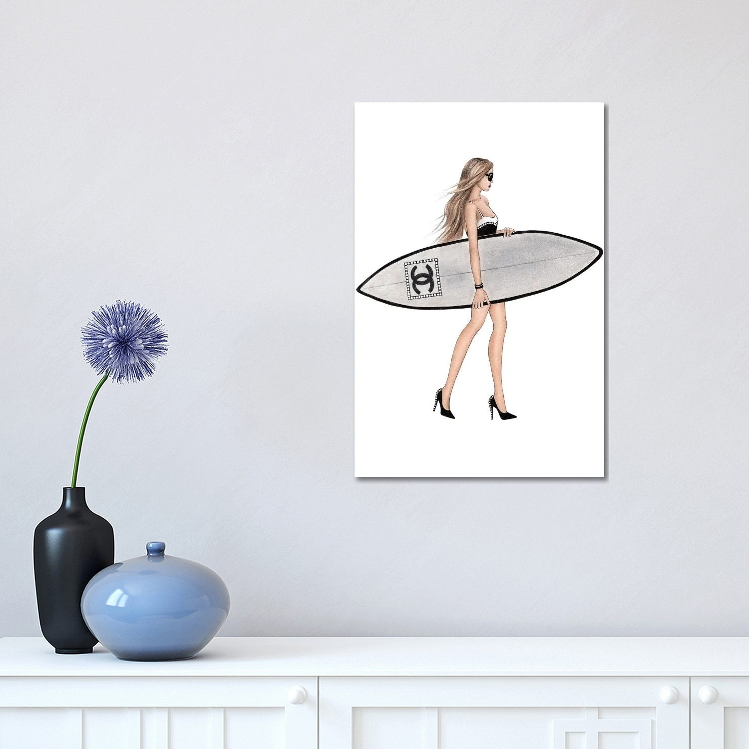 Framed Canvas Art (Champagne) - Surf Girl by LaLana Arts ( Sports > Surfing art) - 26x18 in