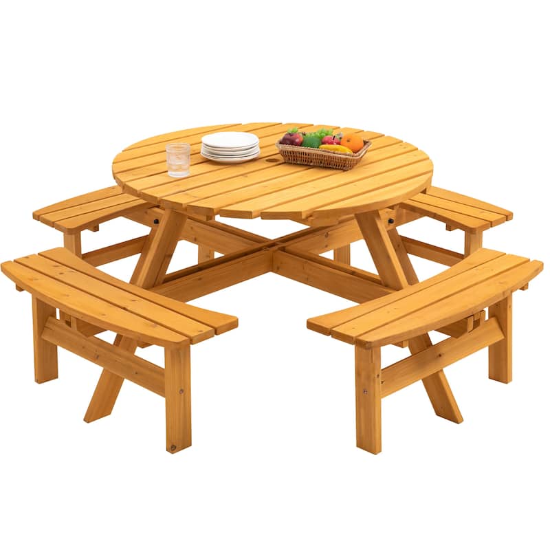 8-Person Circular Outdoor Wooden Picnic Table Patio, Backyard, Garden, DIY with 4-Built-in Benches, 2200 lbs. Capacity - Natural
