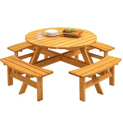 8 Person Circular Outdoor Wooden Picnic Table with 4 Built-in Benches