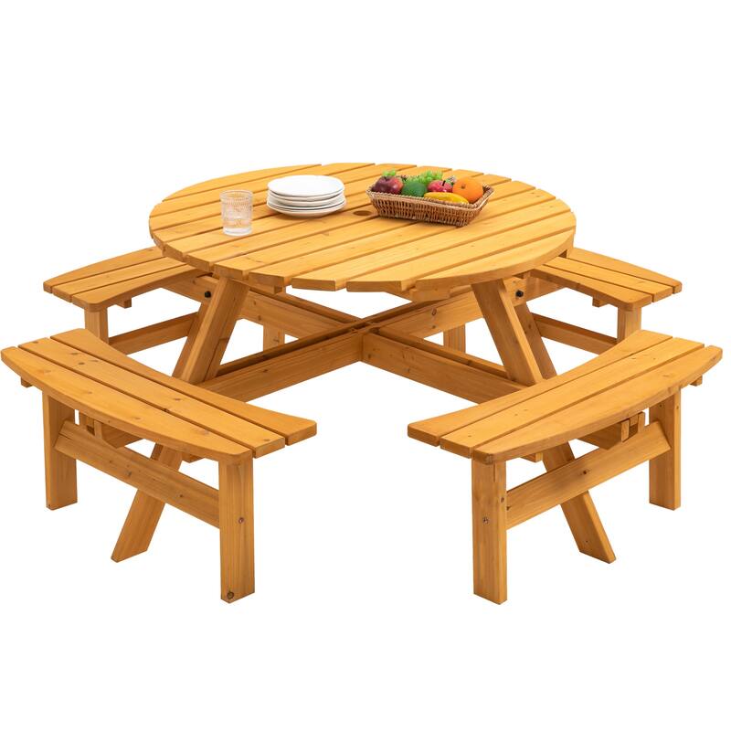8 Person Wooden Picnic Table, Outdoor Camping Dining Table with Seat