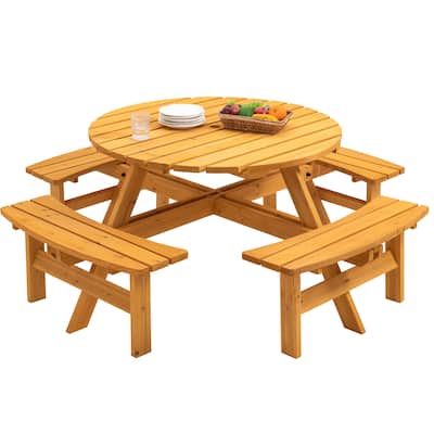 8 Person Wooden Picnic Table - Outdoor Camping Dining Table with Seat, Garden DIY with 4 Built-in Benches, 2220 lb Capacity