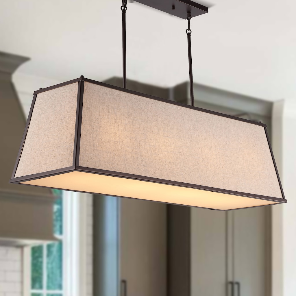 Arlo 42" 4-Light Minimalist Industrial Trapezoidal Linen Iron Linear LED Pendant, Oil Rubbed Bronze/Beige by JONATHAN Y