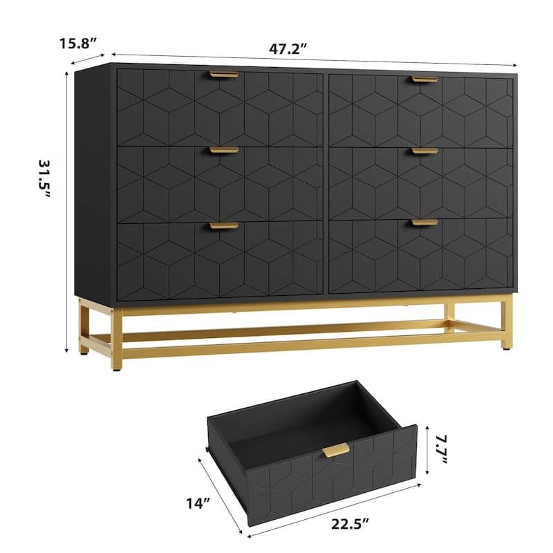 6 Drawer Dresser, with Gold Handles, for TV Stand & Closet
