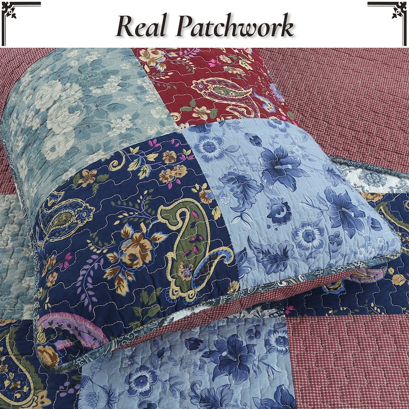 Cozy Line Country Blue Rose Floral Paisley Garden Cotton 3 Piece Patchwork Quilt Bedding Set