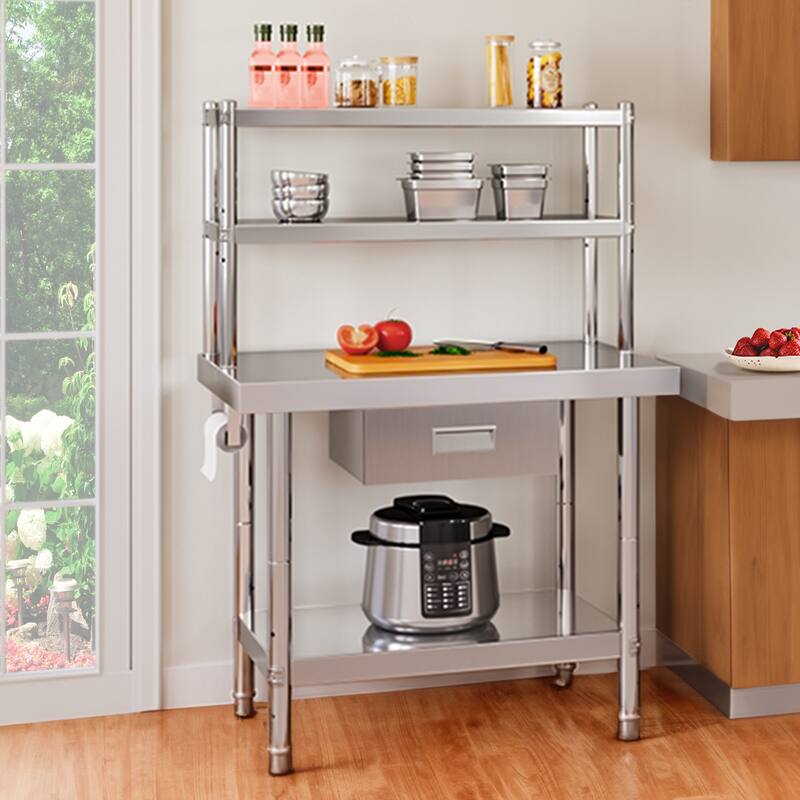 36"×24" Stainless Steel Table with Overshelves and Drawer