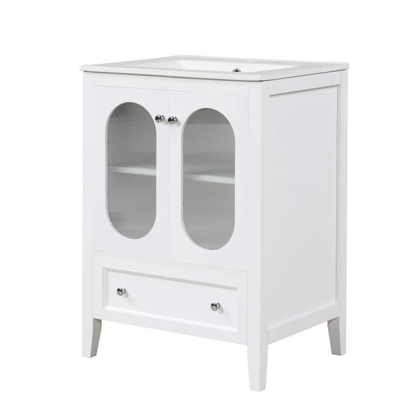 24 inch Solid Wood and MDF Freestanding Bathroom Vanity Set in White with Integrated Ceramic Sink