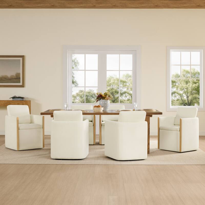Spruce & Spring Modern Chenille Dining Chair with Casters, Wood Inlay & Hidden Storage