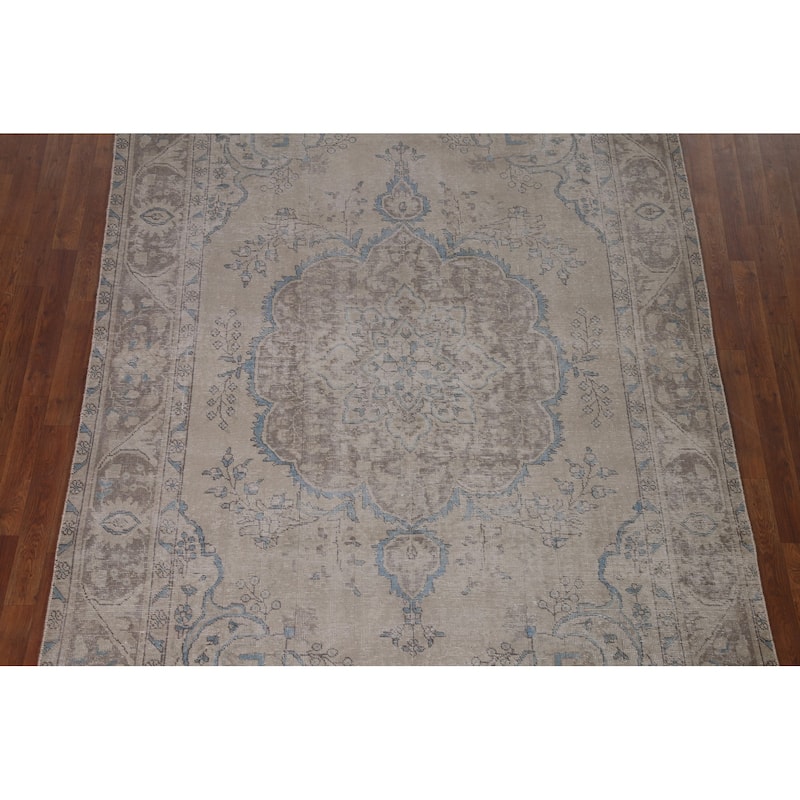 Beige Distressed Tabriz Persian Antique Area Rug Handmade Wool Carpet - 6'5" x 9'4"