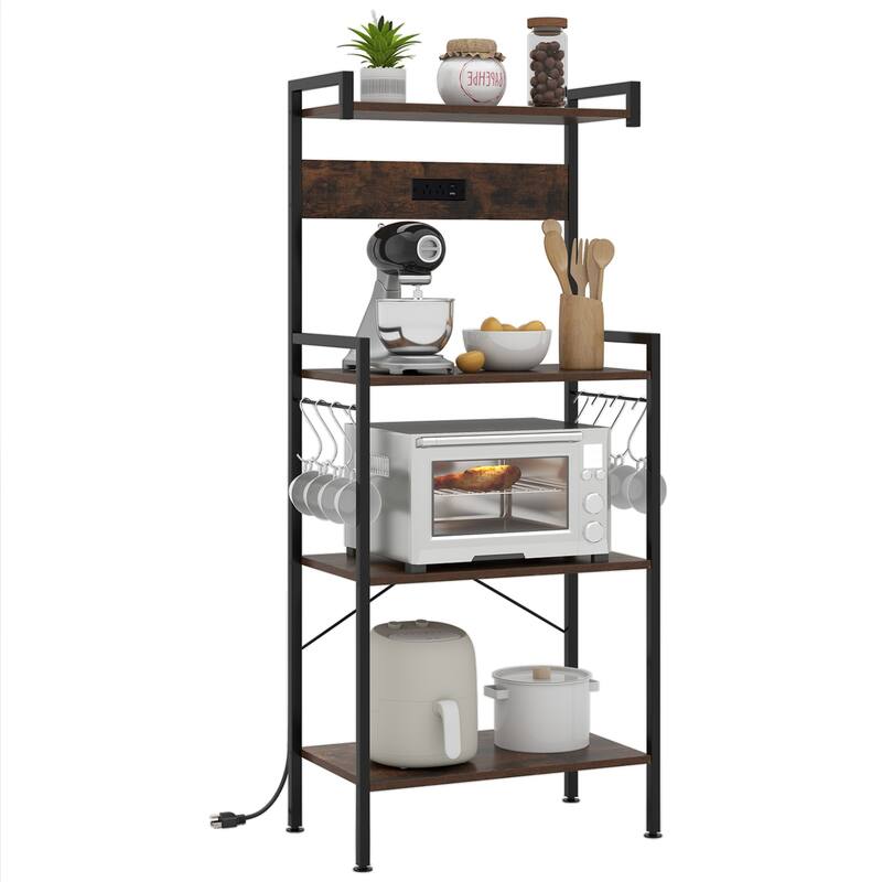 Gymax Kitchen Bakers Rack w/ Power Outlet 4 Tiers Coffee Bar Table w/ - Brown