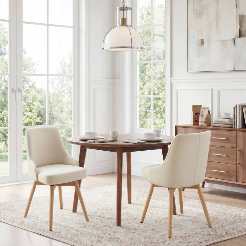 Art Leon Set of 2 Minimalist Dining Chair with Classic Wood Legs - Fabric - Off White