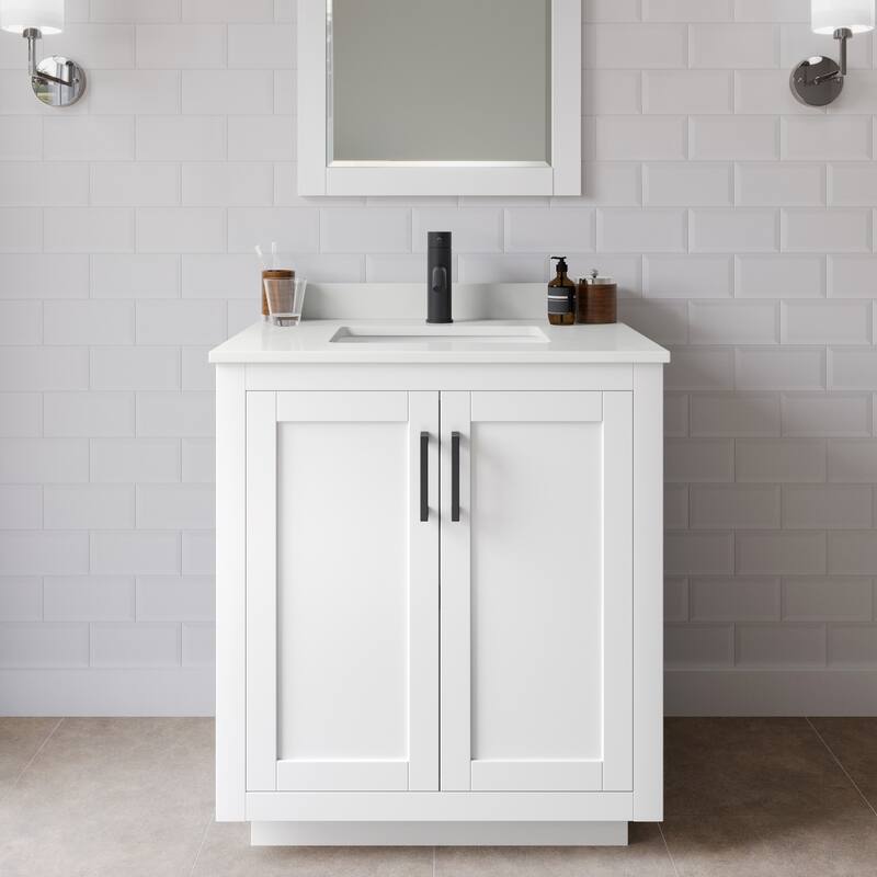 Wyndham Collection WCF292930S-QTZ-UNSM24 Miranda 30" Free Standing - White / White Quartz Top / Matte Black Hardware
