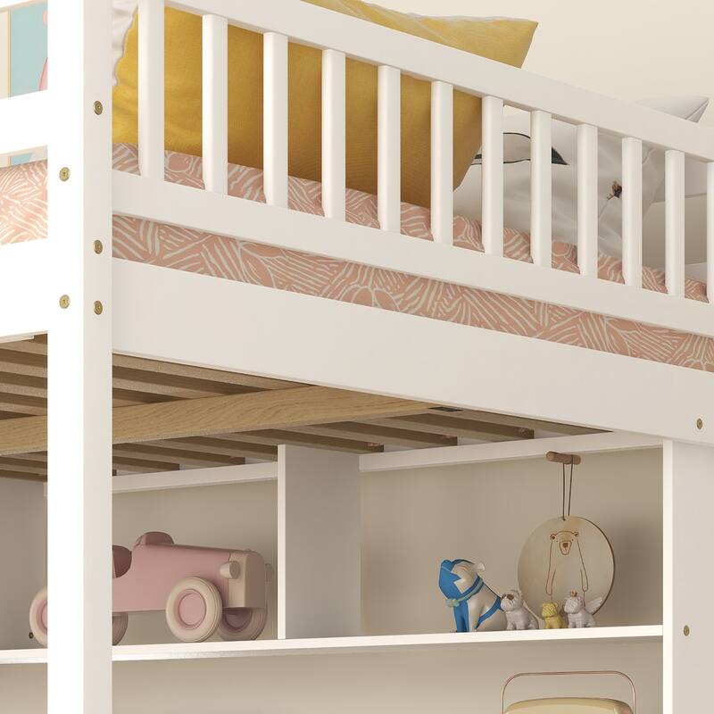 Full Size Loft Bed with Display Stand Desk Underneath, Wood High Loft Bed Frame with Storage Staircase and Storage Shelves