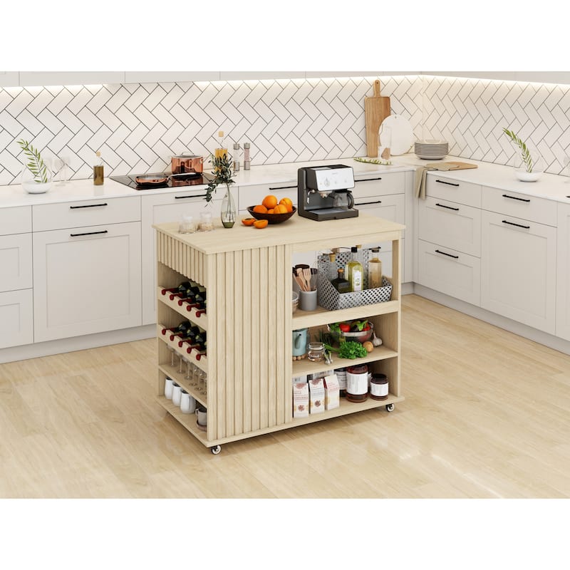 Kitchen Island Rolling Serving Utility Cart with Storage Drawer, Wine Rack and Lockable Casters, Kitchen Cart for Kitchen, Bar