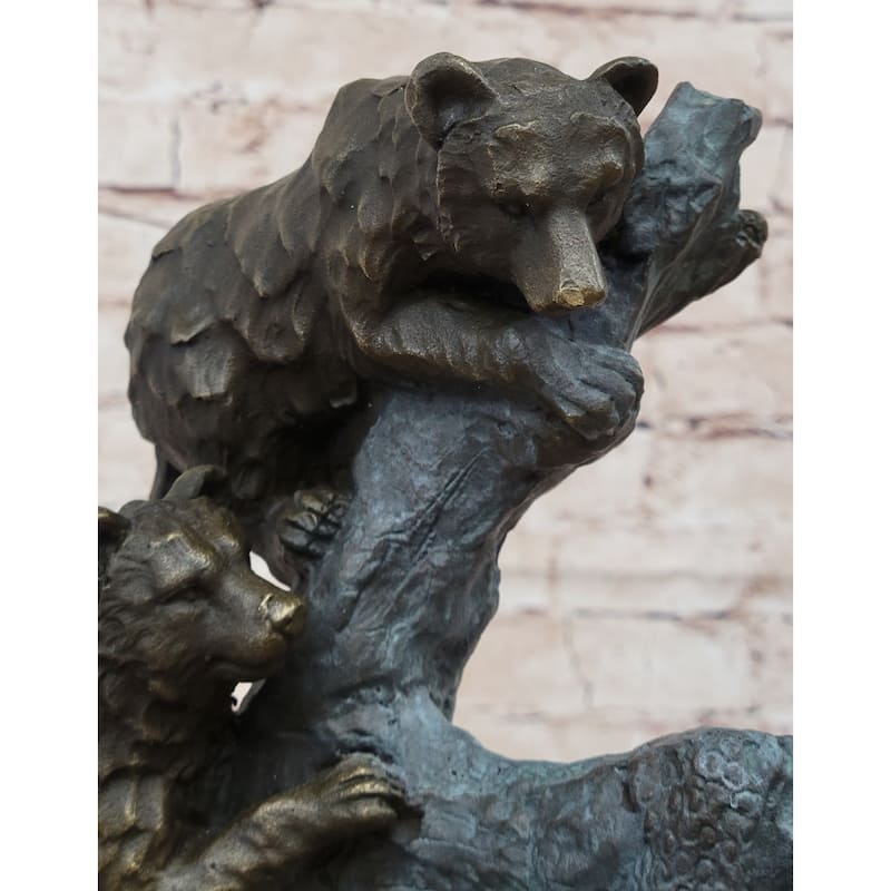 Bear Family Looking For Honey In A Tree - Bronze Sculpture Decor On Marble Base