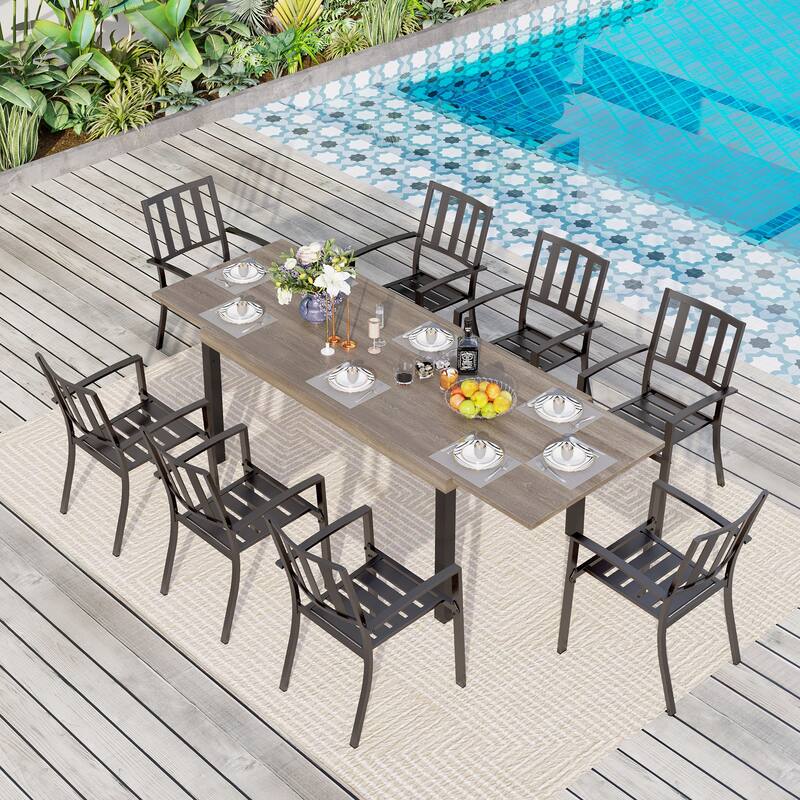 MAISON ARTS 7/9-Pieces Patio Dining Set with Metal Rectangle Expandable Table and Metal Stackable Chairs - 9-Piece Modern Chairs