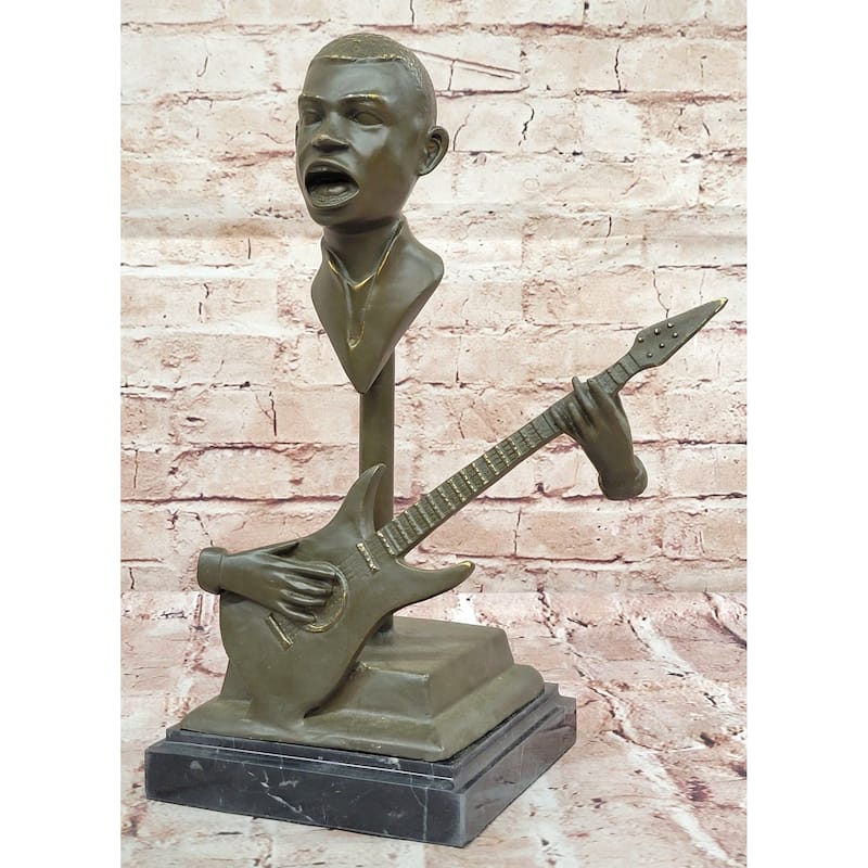 Electric Guitar Player Bronze Sculpture – Modern Musician Figurine On Marble Base