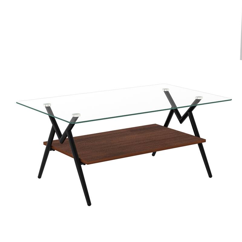 Rectangle Coffee Table with Tempered Glass top and White Metal Legs - N/A