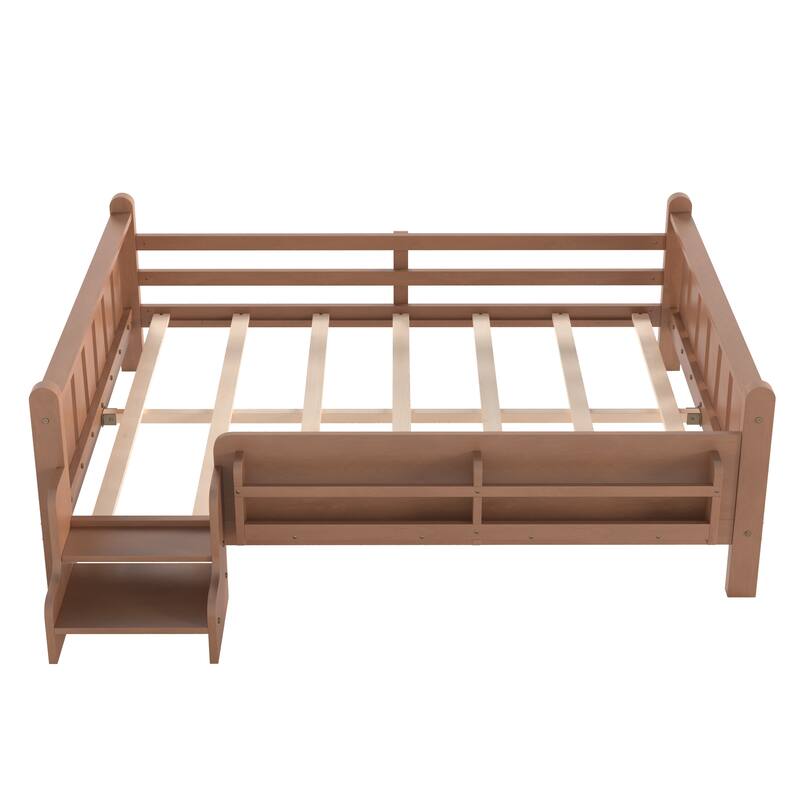 Full/Twin Floor Bed with Storage Bookcases & Cute Stairs - Solid Wood Kids Bed, No Box Spring