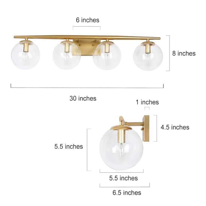 Modern Gold 4-light Bathroom Vanity Lights Dimmable LED Wall Sconce with Globe Glass Shades - 30 in