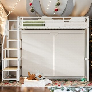 2 Color 70"High Metal Full/Twin Size Loft Bed with Large Wardrobe and Storage Staircase