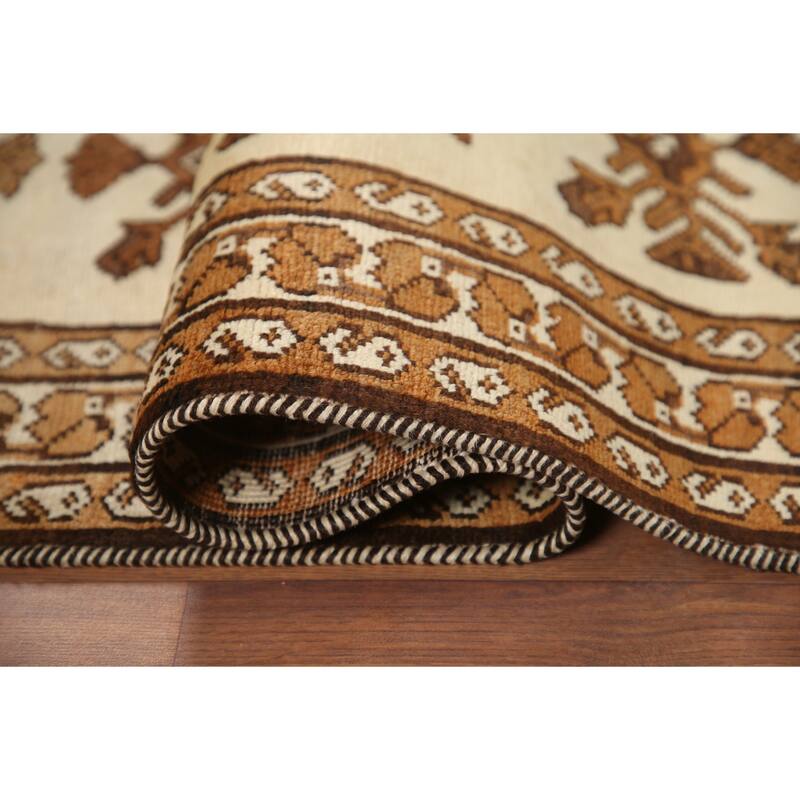Hand Knotted Oriental 100% Wool Carpet Traditional Geometric Beige & Ivories Balouch Runner Rug - 6' 8'' X 3' 4''