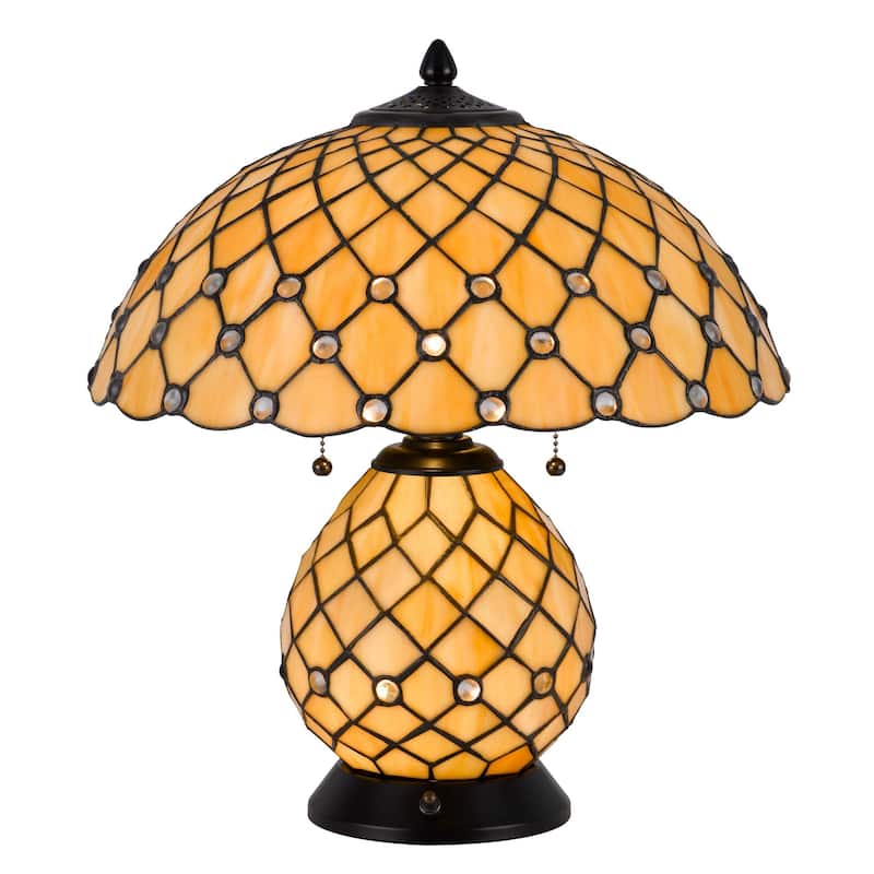 18 Inch Table Lamp, Pedestal, Tiffany Style Stained Glass, LED, Black Metal